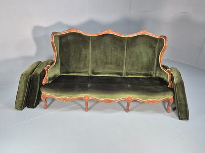 Vintage Rococo Style Three Seater Sofa Green Velour Carved Frame   EB10567 V3SS9