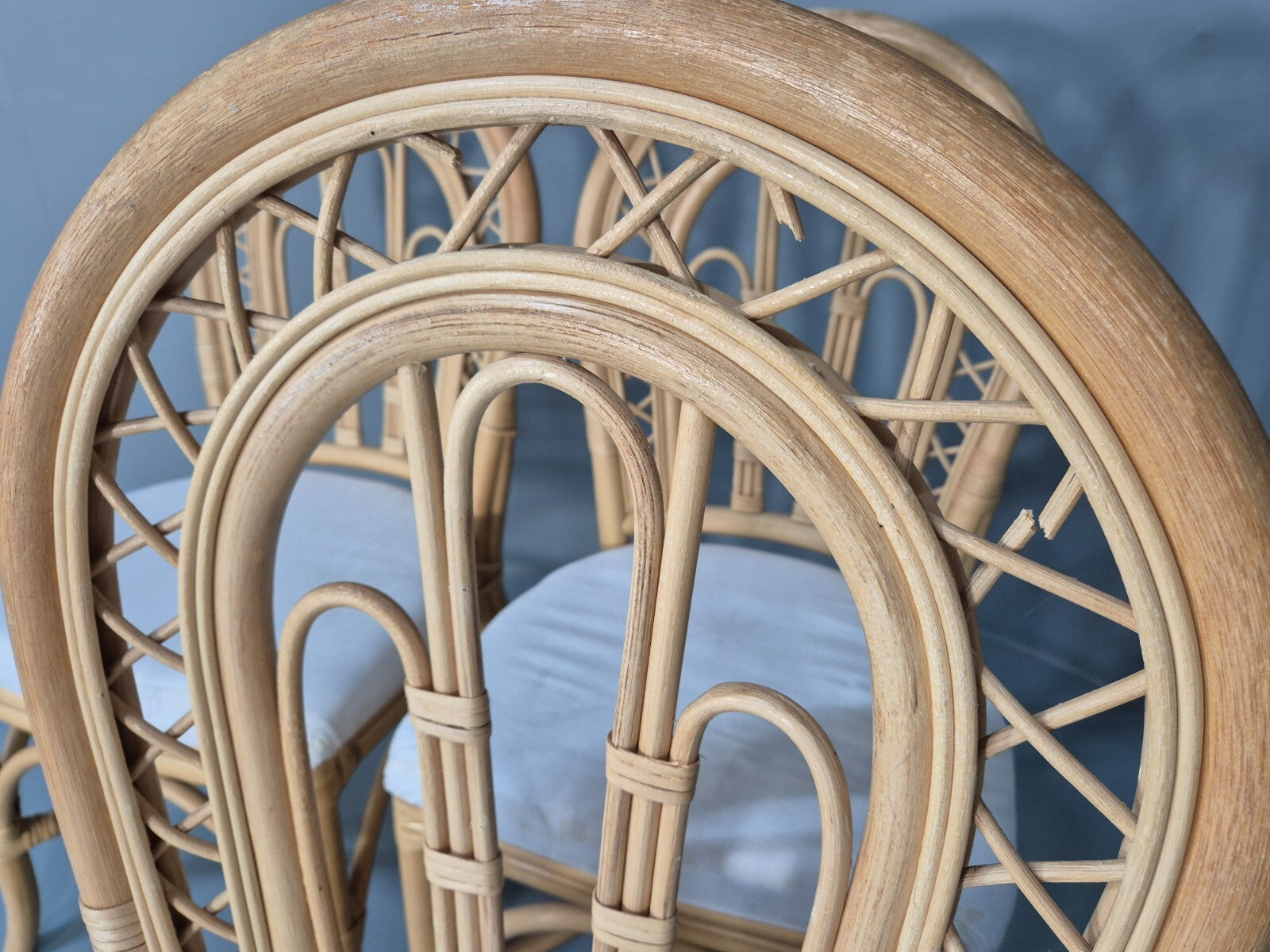 6 Vintage Cane Dining Chairs 1980s Retro 2 Carvers White Seat EB9704 VBER - UKDK FURNITURE