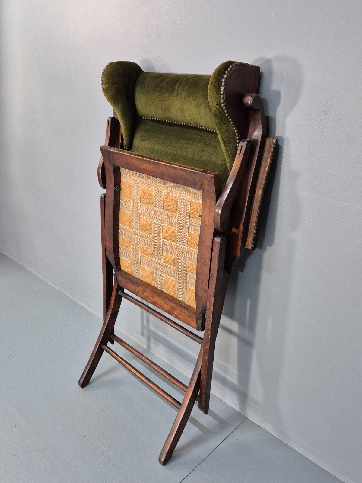 Antique Campaign Chair in Green Velour and Mahogany Victorian EB9696 VCLO - UKDK FURNITURE