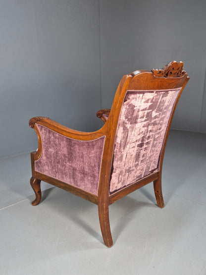 Vintage Danish Empire Chair Carved Oak Frame Purple Velvet Antique EB9616 VCAR - UKDK FURNITURE