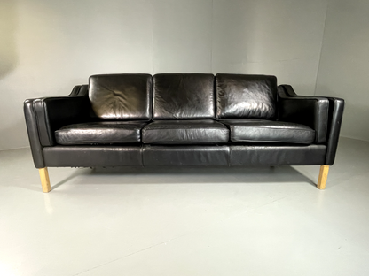 Three Seater Leather Sofa Black Vintage Danish Mogensen MCM Retro EB5864 M3SS5