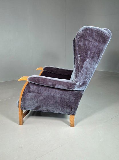Vintage Lounge Wingback Chair Blue Velour Beech Frame 1950 Retro MCM EB7108 VCLO - UKDK FURNITURE