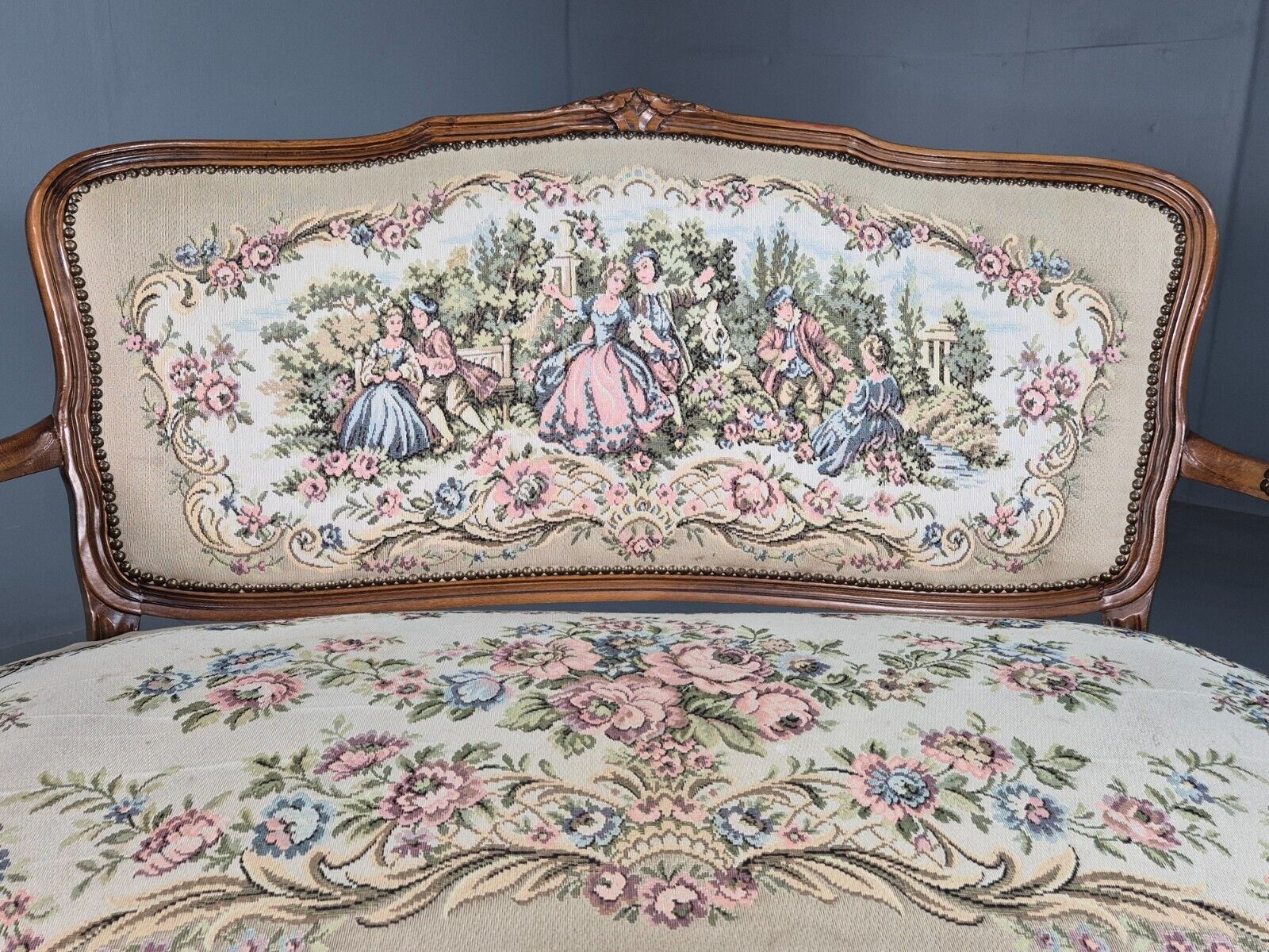 Vintage Danish 2 Seat Open Arm Sofa French Regency Style Embroidery EB8074 V2SS - UKDK FURNITURE