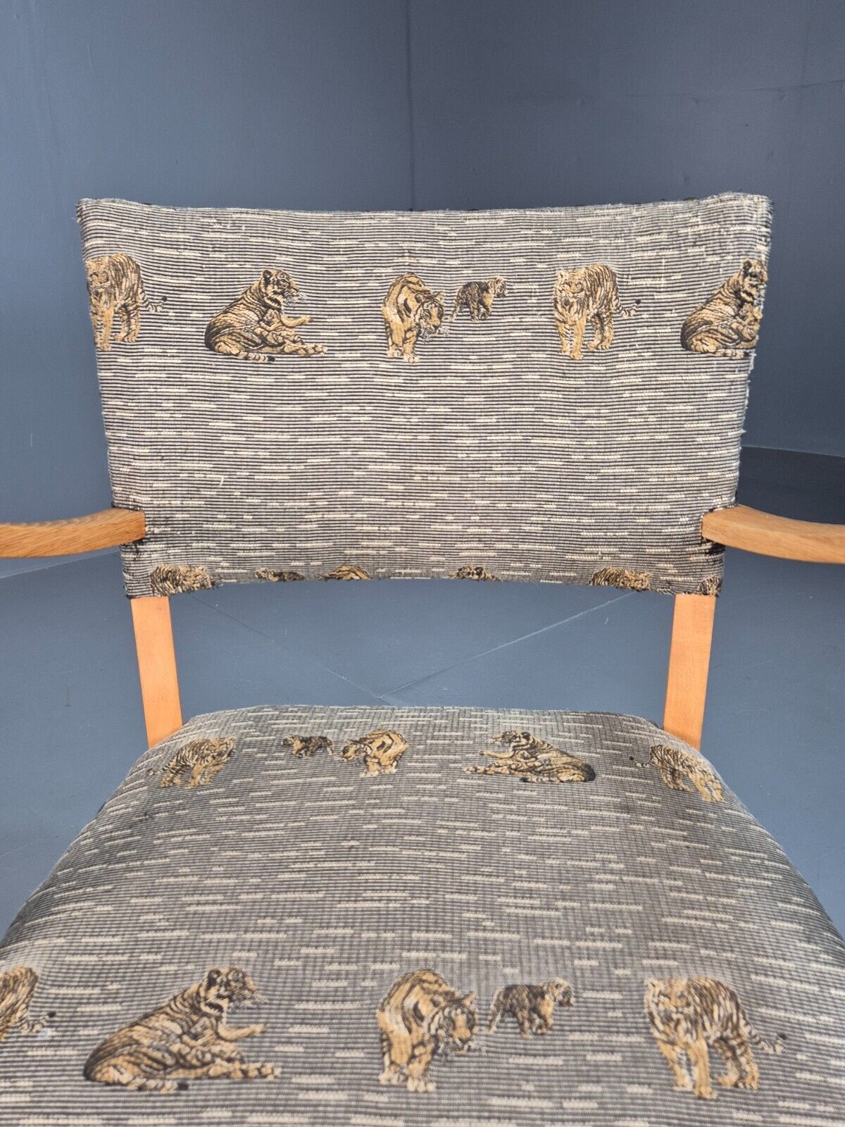 Vintage Danish Elbow Chair Tiger Motif Grey Beech Wood 1950s Retro EB8005 MDIN - UKDK FURNITURE