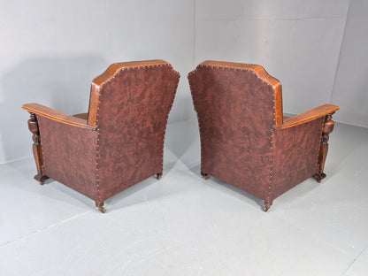2 Edwardian Lounge Chairs Baroque Oak Frame Rexine and Velour EB11264 VLEA14