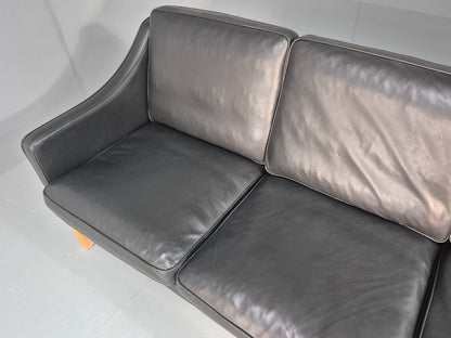 Vintage Hurup Danish 3 Seat Black Leather Sofa Mogensen 1980s Retro EB9966 M3SS20
