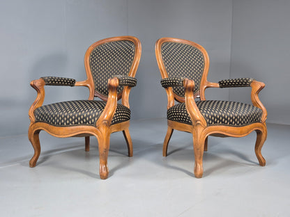 Antique Mahogany Armchair Pair Black Pattern Fabric Louis XV Style EB9558 VCLO - UKDK FURNITURE