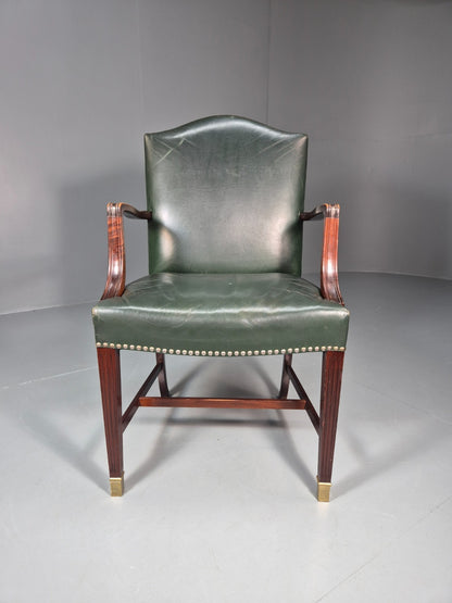 Georgian Style Elbow Chair Green Leather Mahogany Frame Danish 1970 EB10809 VLEA1