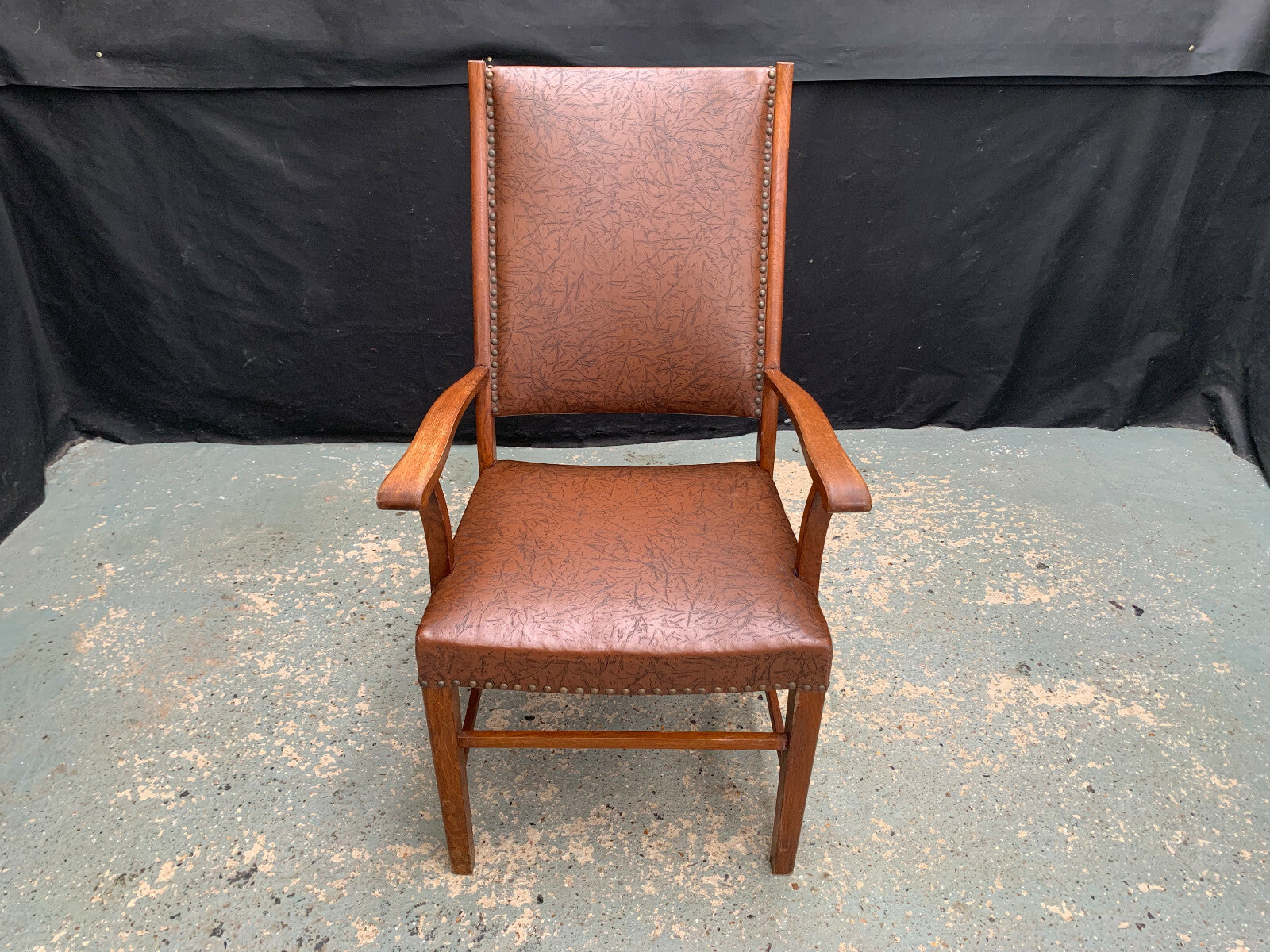 Danish Oak & Brown Vinyl High-Back Arm Chair Elbow Desk Vintage EB1949 VDIN - UKDK FURNITURE