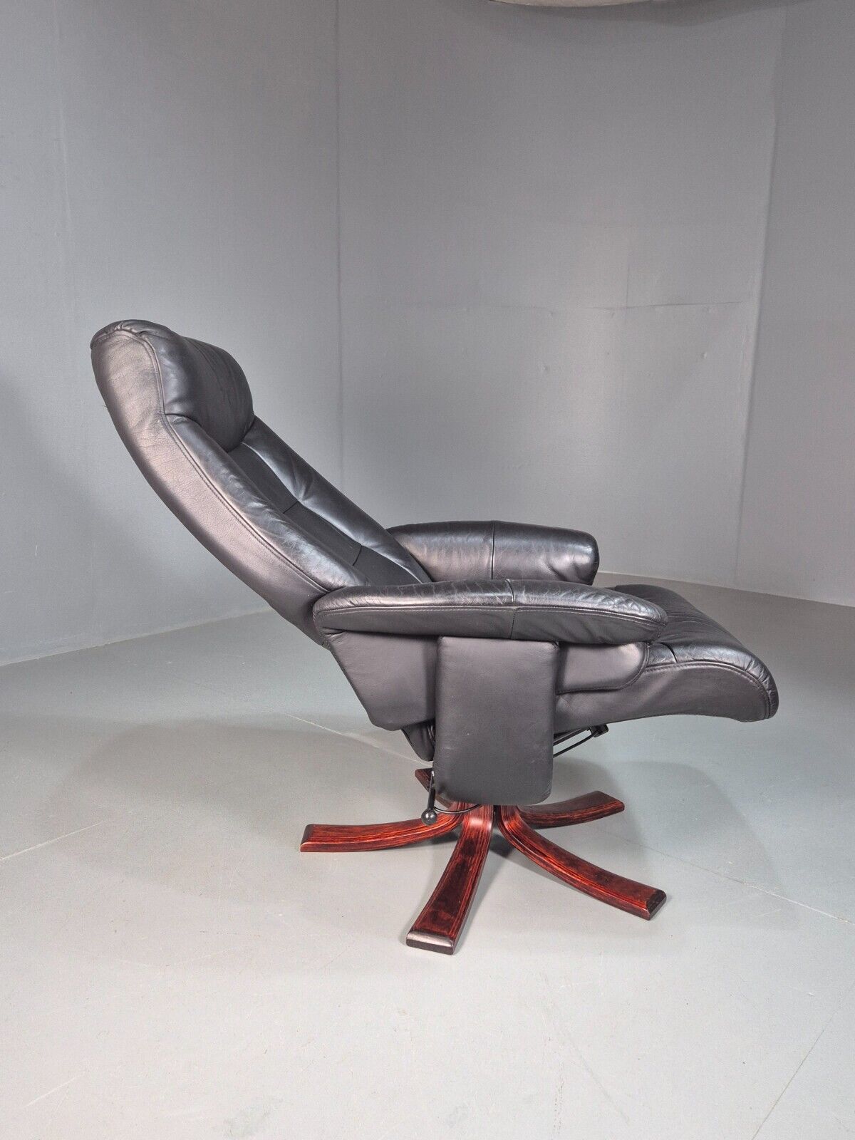 Vintage Danish Swivel Lounge Chair Black Leather Recline 1980 Retro EB8249 MSWI - UKDK FURNITURE