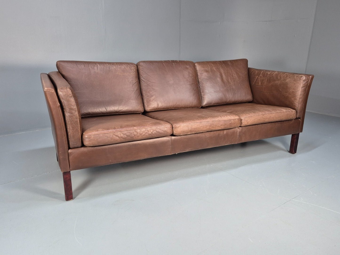 Mid Century Retro Settee Three Seater Brown Leather Vintage Denmark EB10081 M3SS1