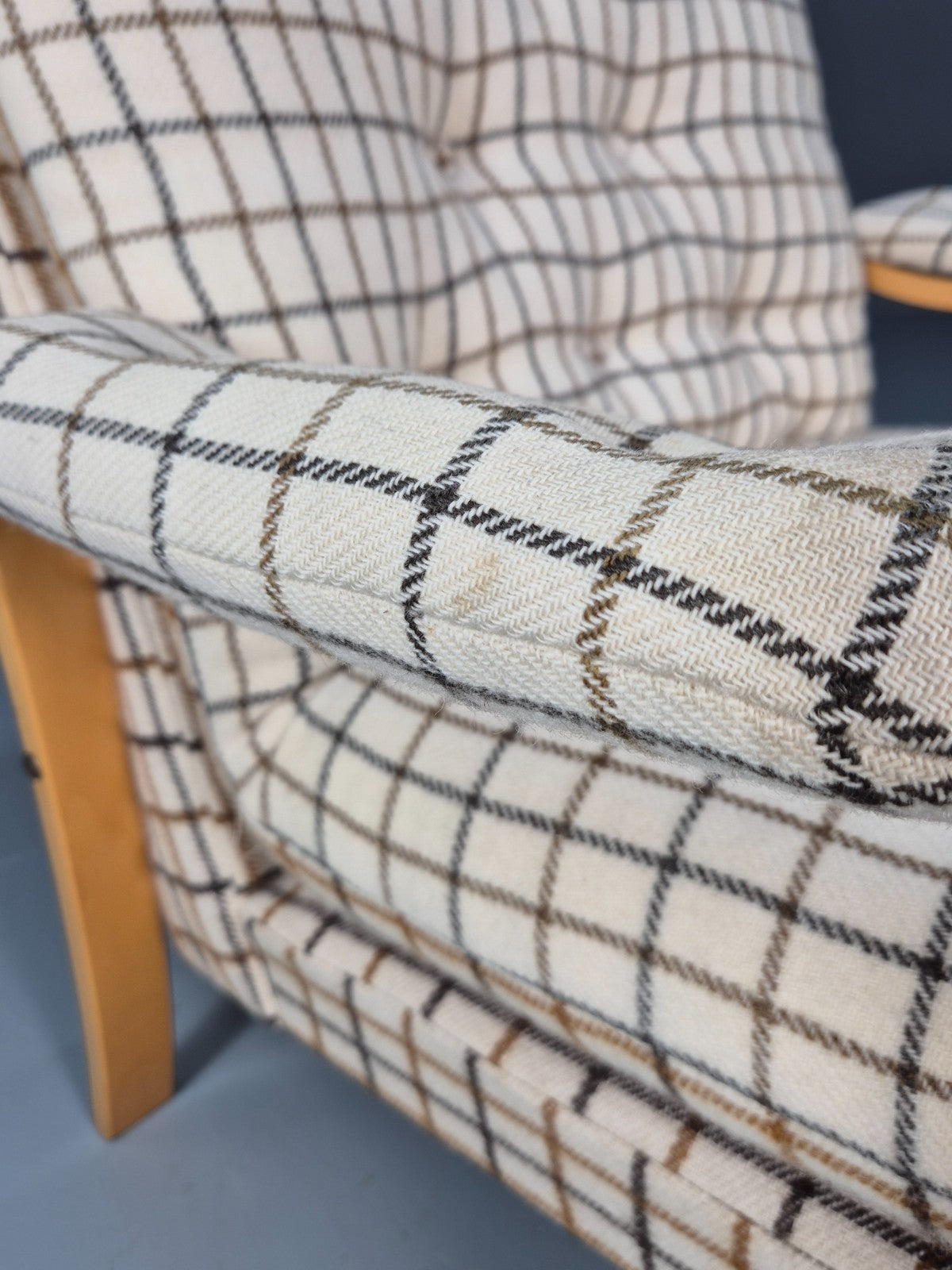 Vintage Bentwood Lounge Chair Danish Cream Wool Check 1980s Retro EB10334 MBEN9