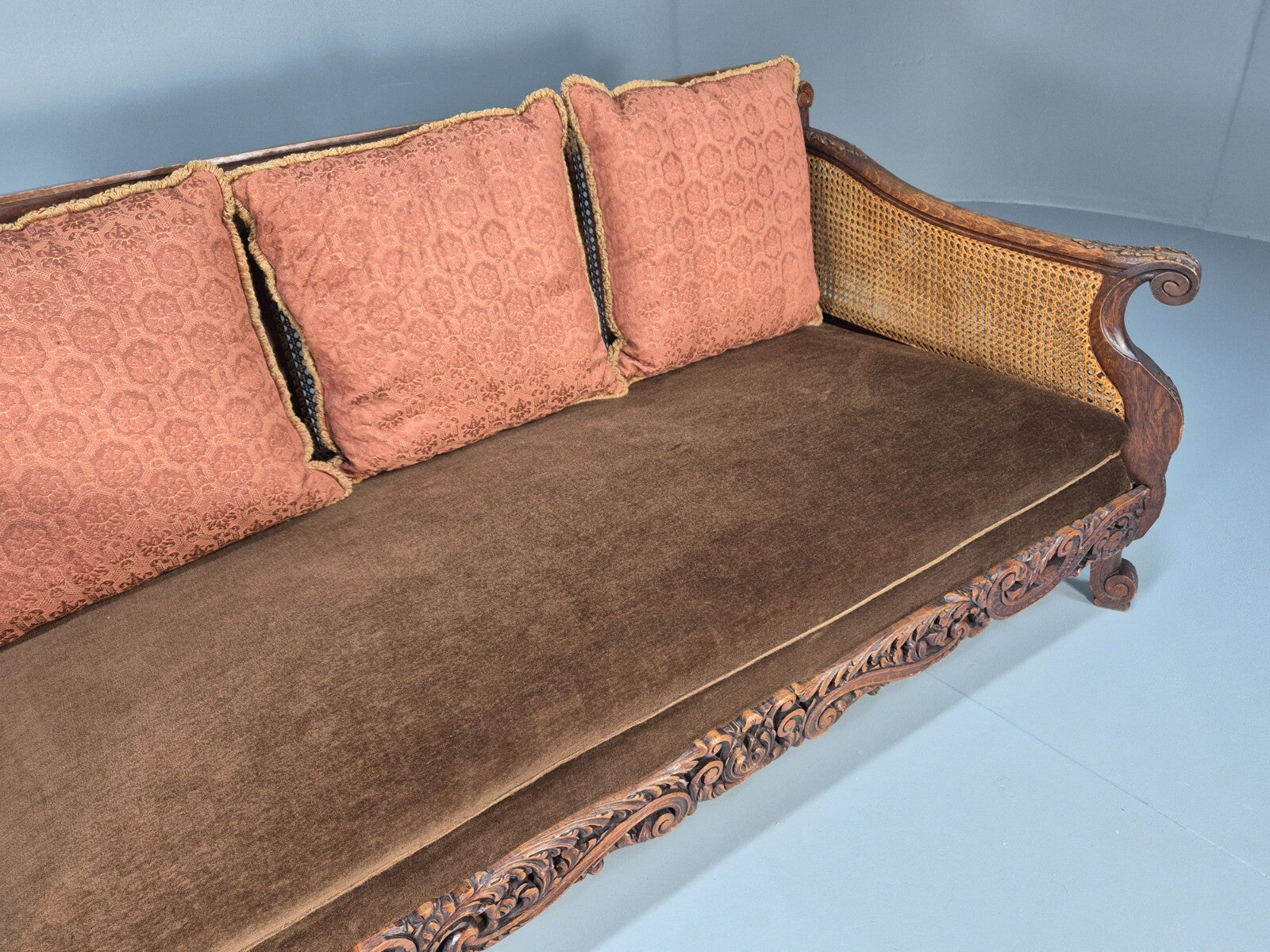 Vintage Danish 1920s Carved Oak Sofa Bergere Brown Velour Antique EB9544 V3SS - UKDK FURNITURE