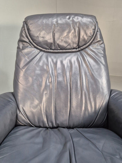 Vintage Danish Swivel Chair Blue Grey Leather Reclines 1980s Retro Eb8465 MSWI - UKDK FURNITURE