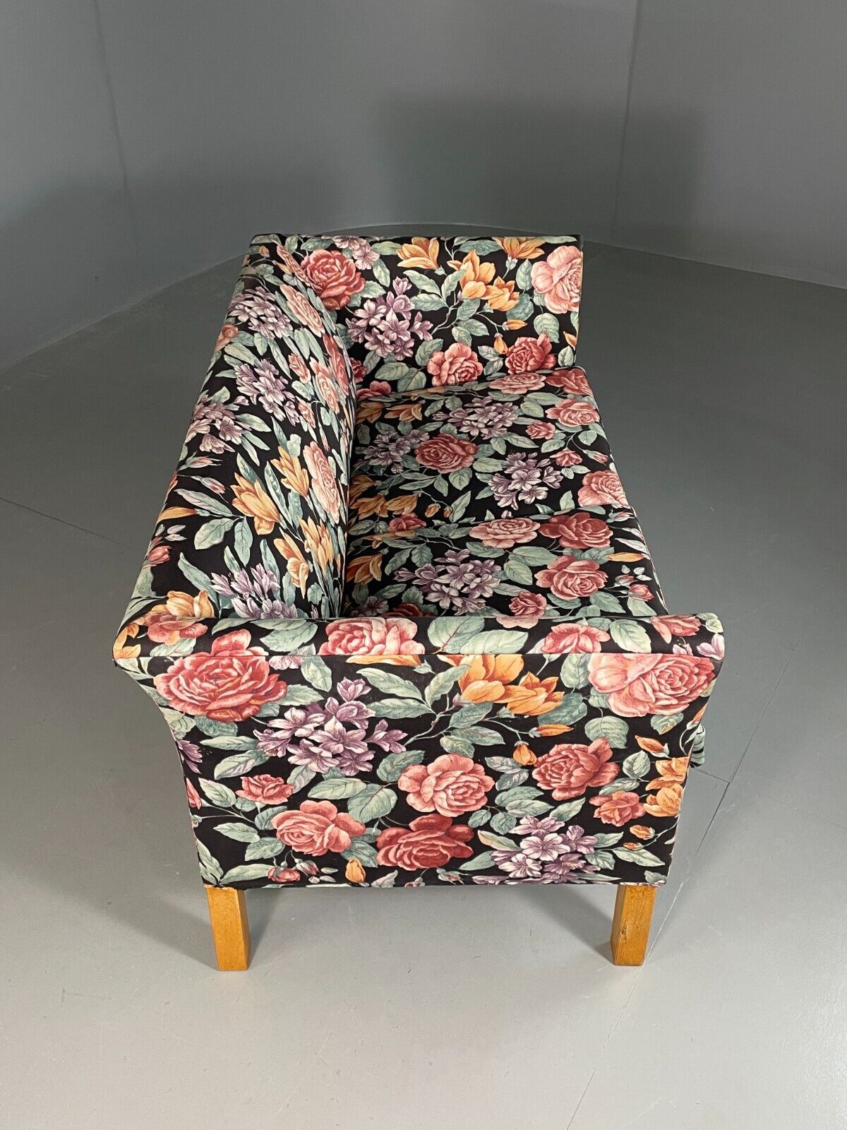 Vintage Danish 2 Seat Sofa Floral Print Oak 1970s Retro Mid Century EB6679 M2SS - UKDK FURNITURE