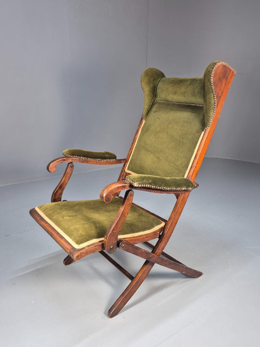Antique Campaign Chair in Green Velour and Mahogany Victorian EB9696 VCLO - UKDK FURNITURE