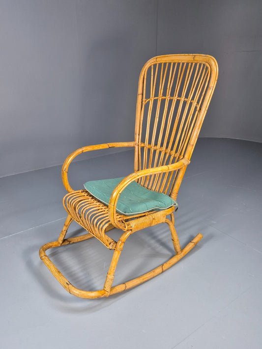 Vintage Franco Albini Style Cane Rattan Rocking Chair 1970s Retro EB9702 VBER - UKDK FURNITURE
