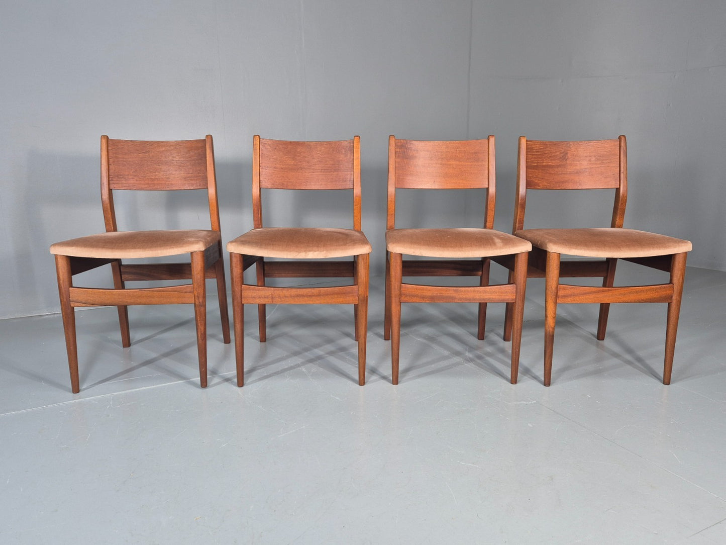 4 Vintage Teak Dining Chairs 1960s Retro Pinky Brown Velour MCM EB11605 MDIN4