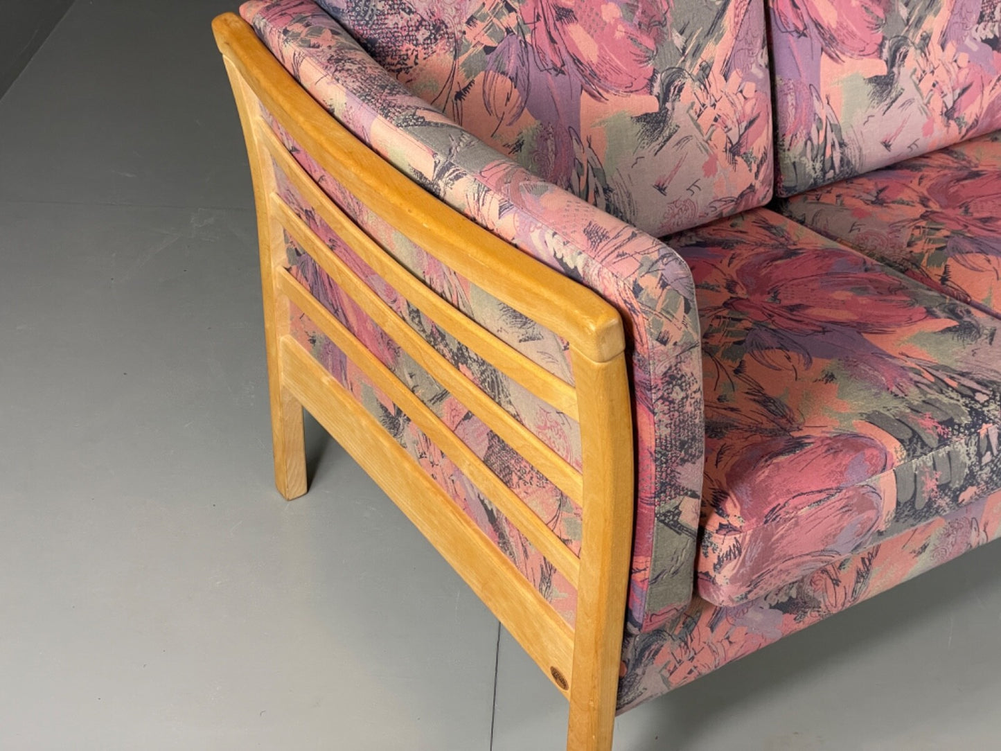 Vintage Stouby Sofa Floral Fabric Beech End 1980s Retro 3 Seat MCM EB6129 M3SS11