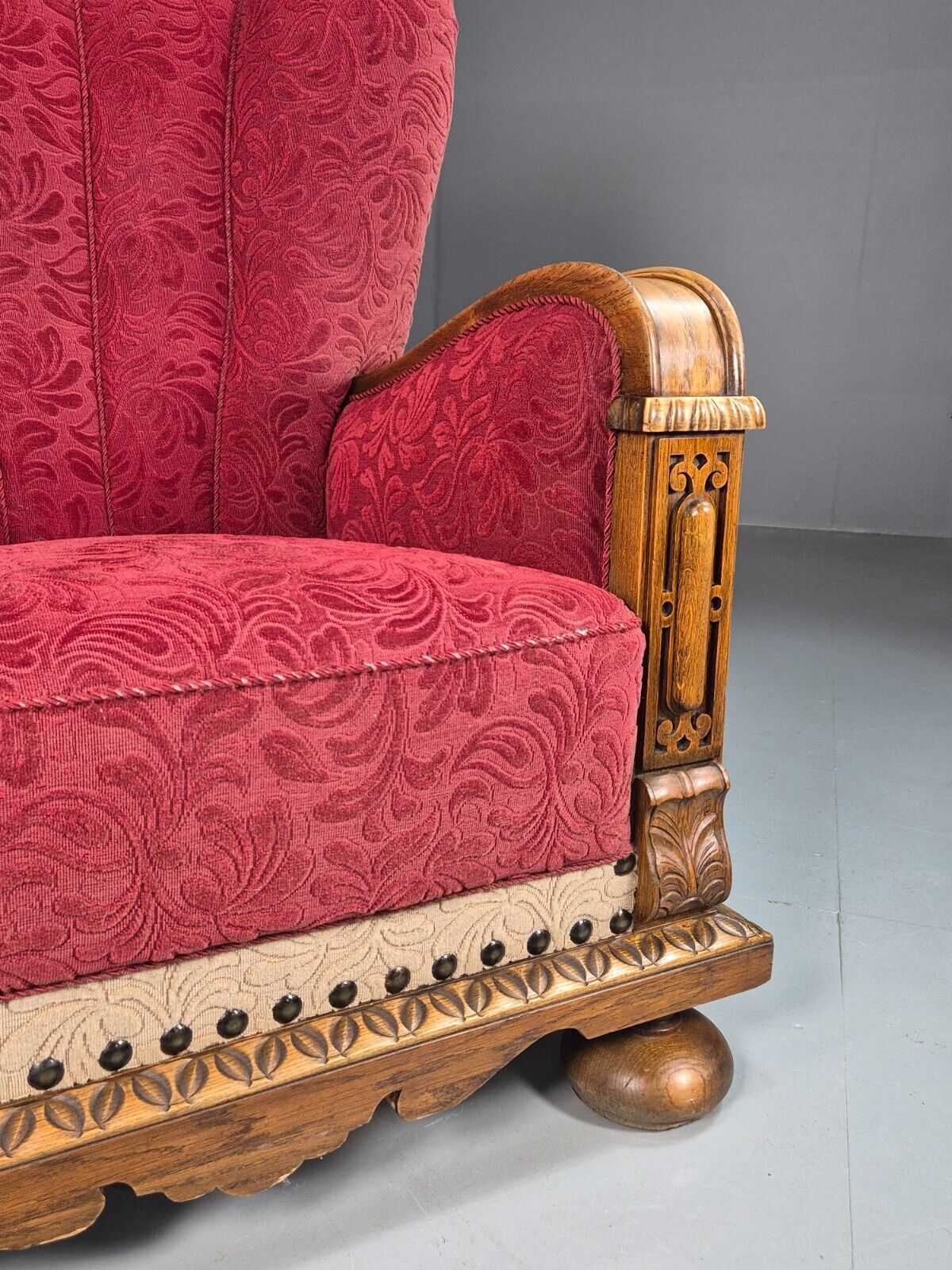 Vintage Danish Lounge Chair Red Moquette Oak Shell Back Antique 1930 EB8280 VCLO - UKDK FURNITURE