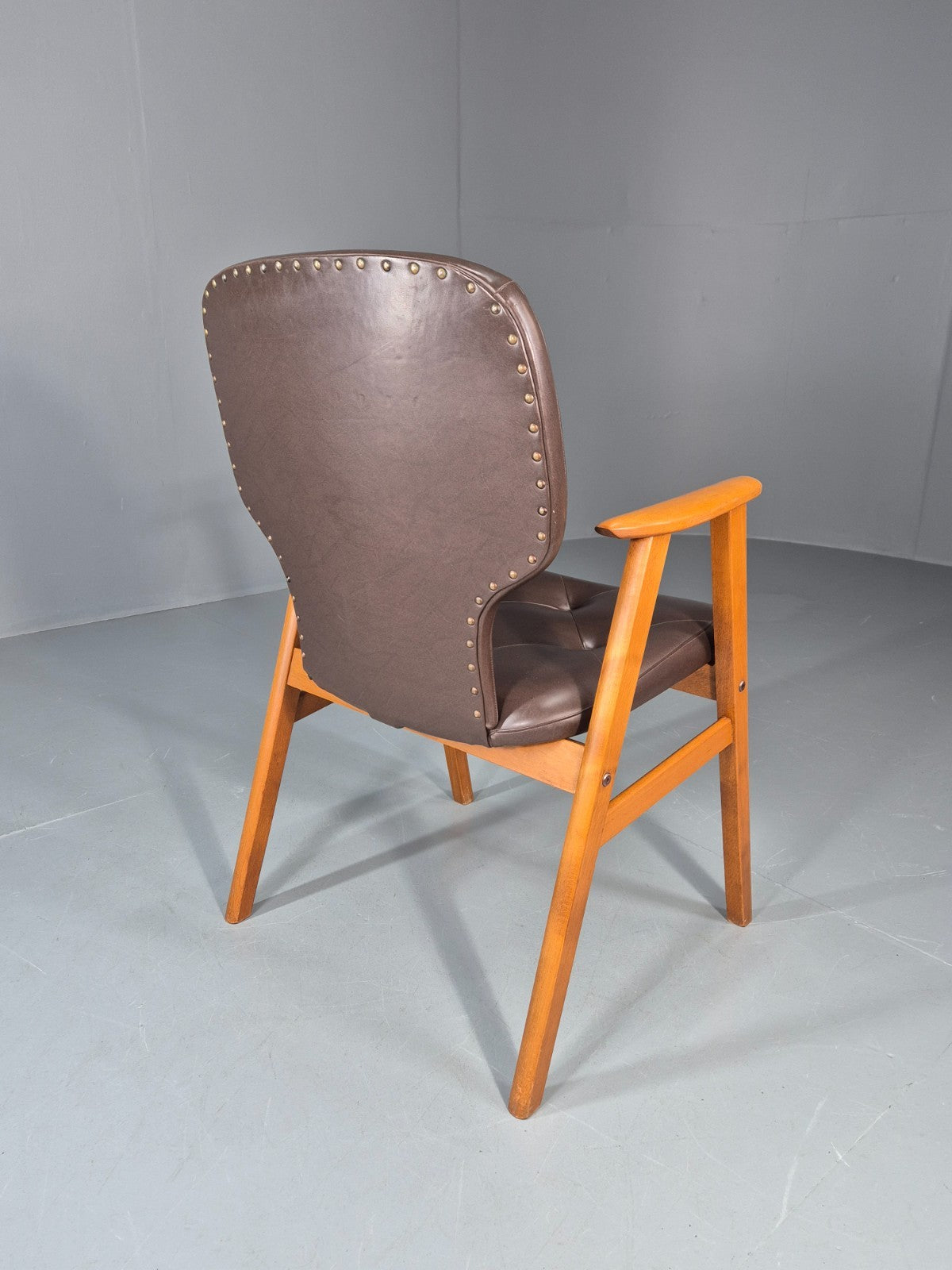 Mid Century Lounge Chair Vintage Swedish 1960s Beech Brown Vinyl EB11139 MNOR6