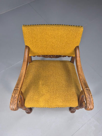 Vintage Danish Elbow Chair Yellow Carved Oak Frame 18th C Style EB9654 VCLO - UKDK FURNITURE