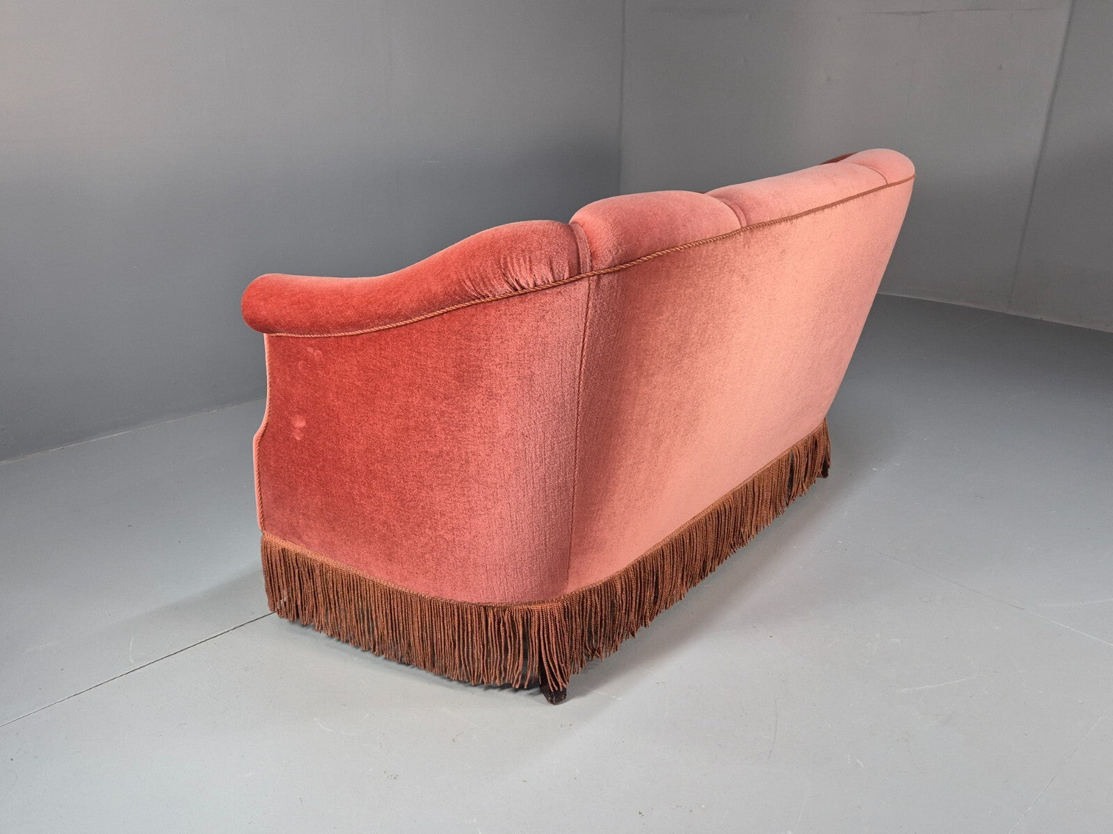 Vintage Art Deco Danish 2 Seat Sofa Pink Velour Tassels 1940s EB9666 V2SS - UKDK FURNITURE