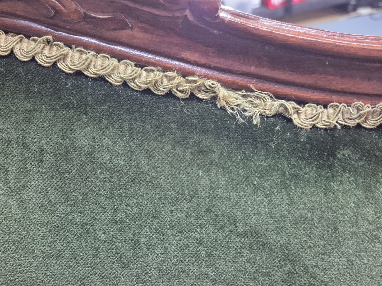 Vintage Rococo Style Three Seater Sofa Green Velour Carved Frame   EB10567 V3SS18