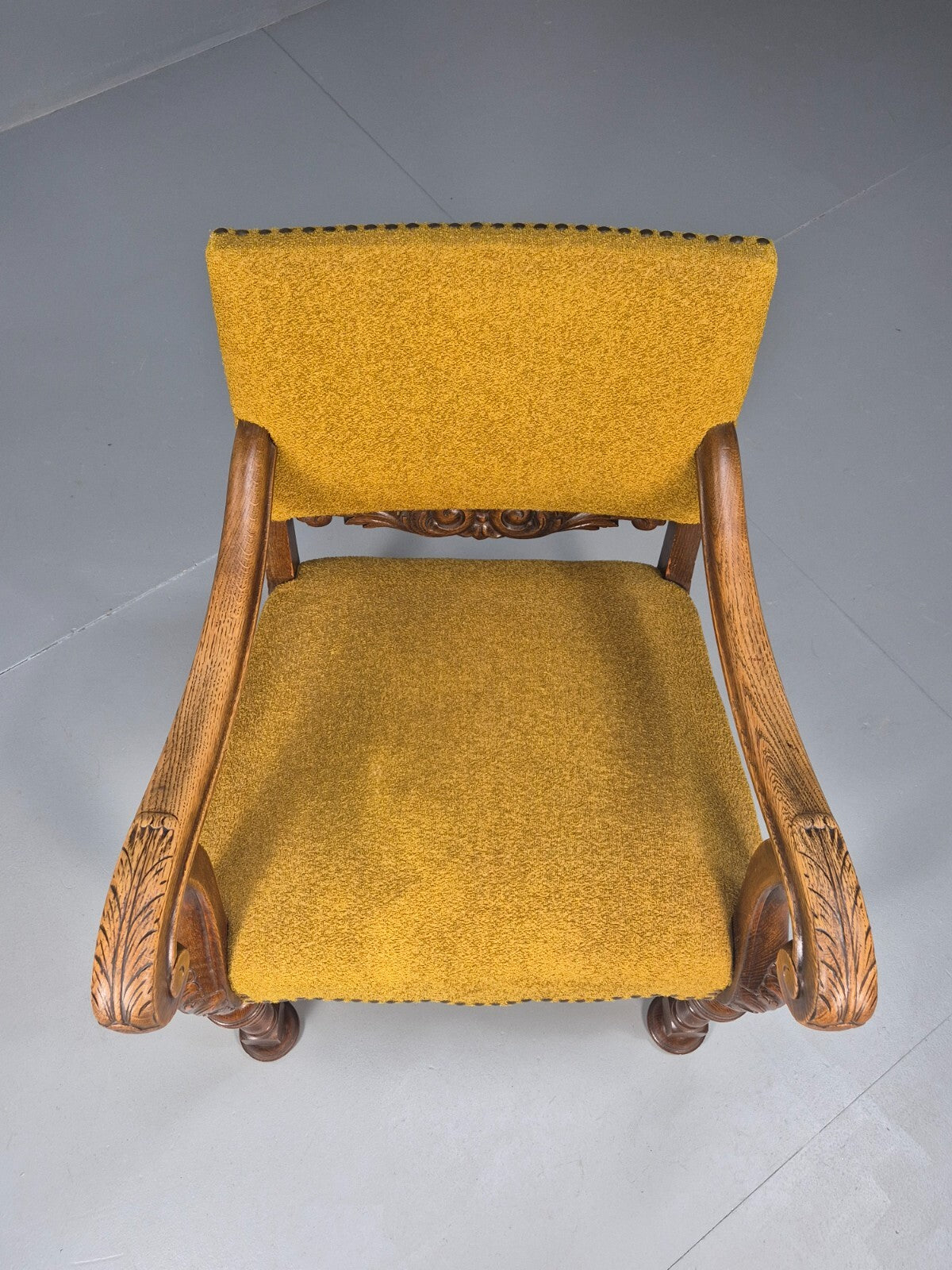 Vintage Danish Elbow Chair Yellow Carved Oak Frame 18th C Style EB9654 VCLO - UKDK FURNITURE