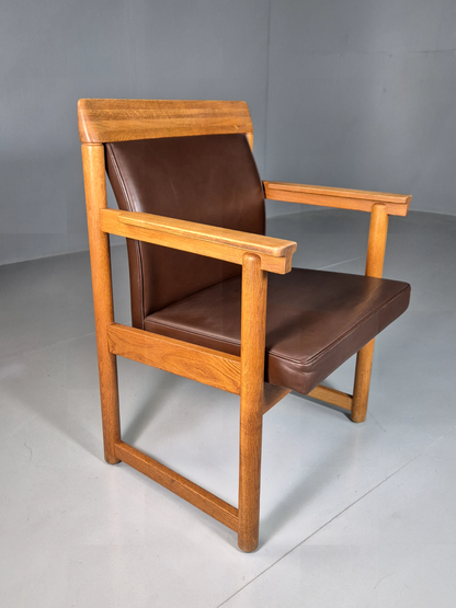 Vintage Scandinavian Elbow Chair Brown Leather Oak Frame Retro MCM EB7301 MNOR - UKDK FURNITURE