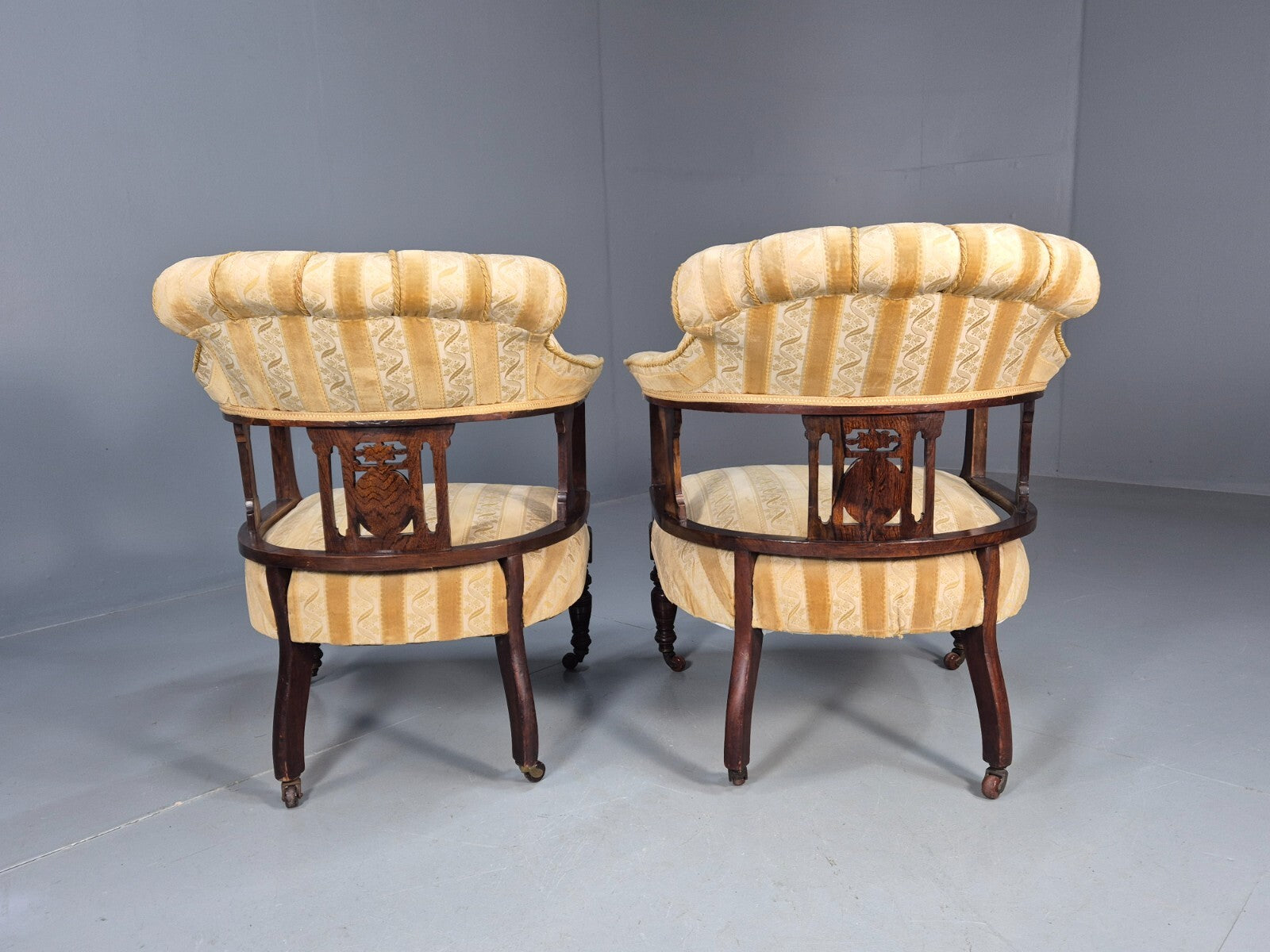 2 Vintage Lounge Chair Gold Stripe Mahogany Inlay Edwardian Revival EB8429 VCLO - UKDK FURNITURE