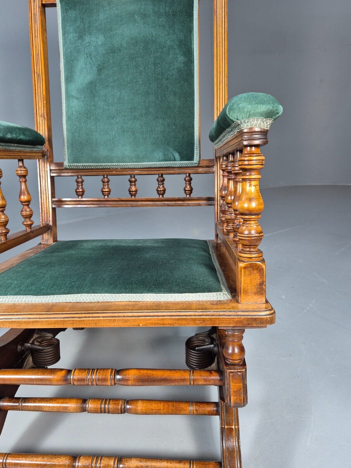An Edwardian Mahogany Rocking Chair American Style Green Velvet EB9386 VCLO - UKDK FURNITURE