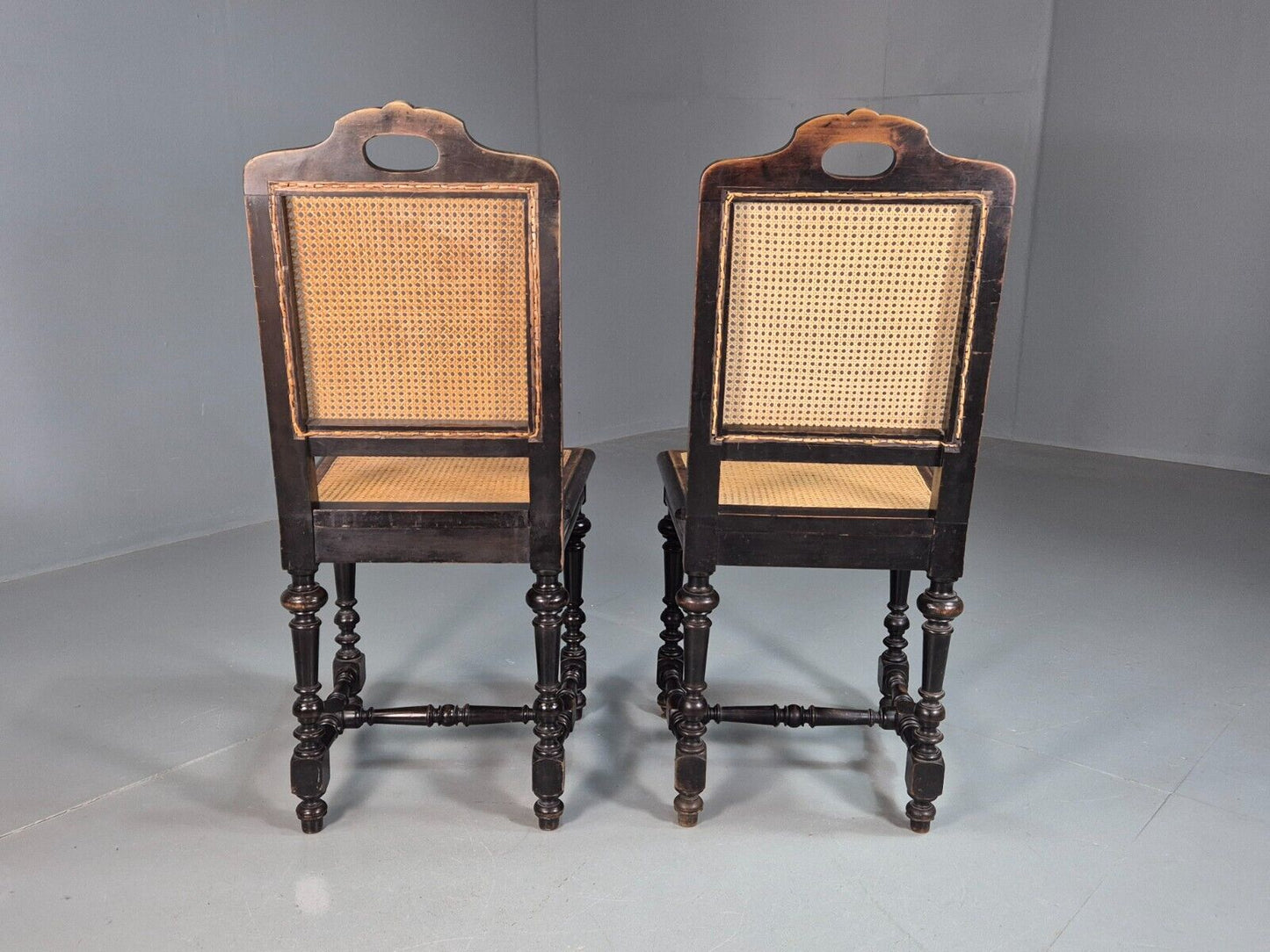 2 Vintage Dining Chairs Bergere Ebonised Aesthetic Movement Antique EB7975 VBER - UKDK FURNITURE