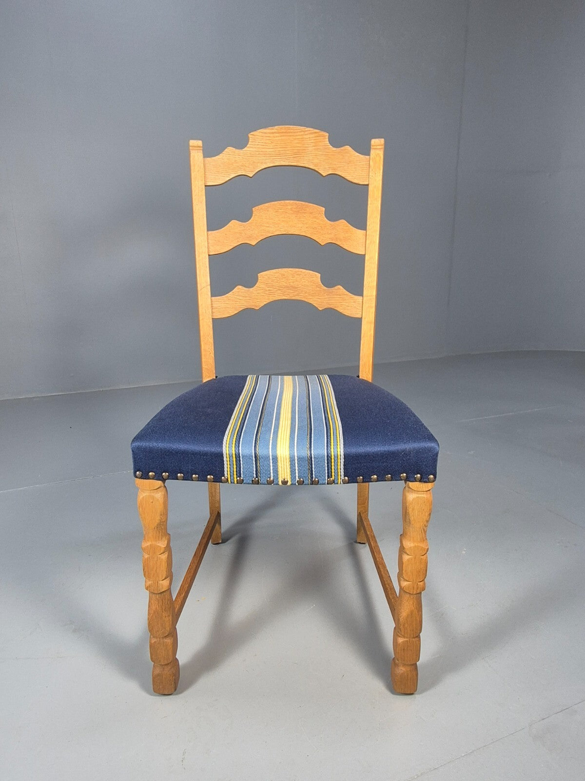 Six Oak Dining Chairs Blue Fabric Henning Kjaernulf Style Vintage EB9361 MDIN - UKDK FURNITURE