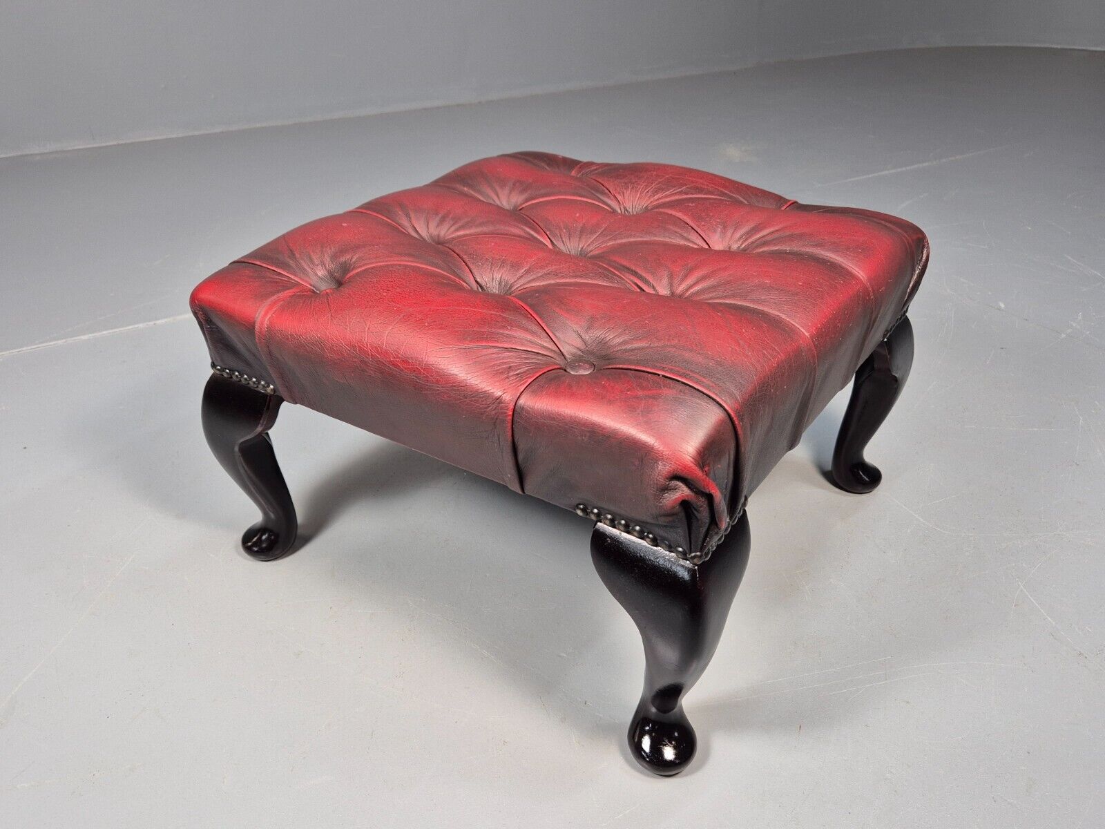 Vintage Red Leather Chesterfield Queen Anne Style Footstool Retro EB9389 VWOO - UKDK FURNITURE