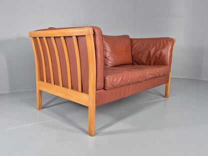 Vintage Stouby 2 Seat Sofa Reddy Brown Leather Beech Ends Retro EB10509 M2SS14