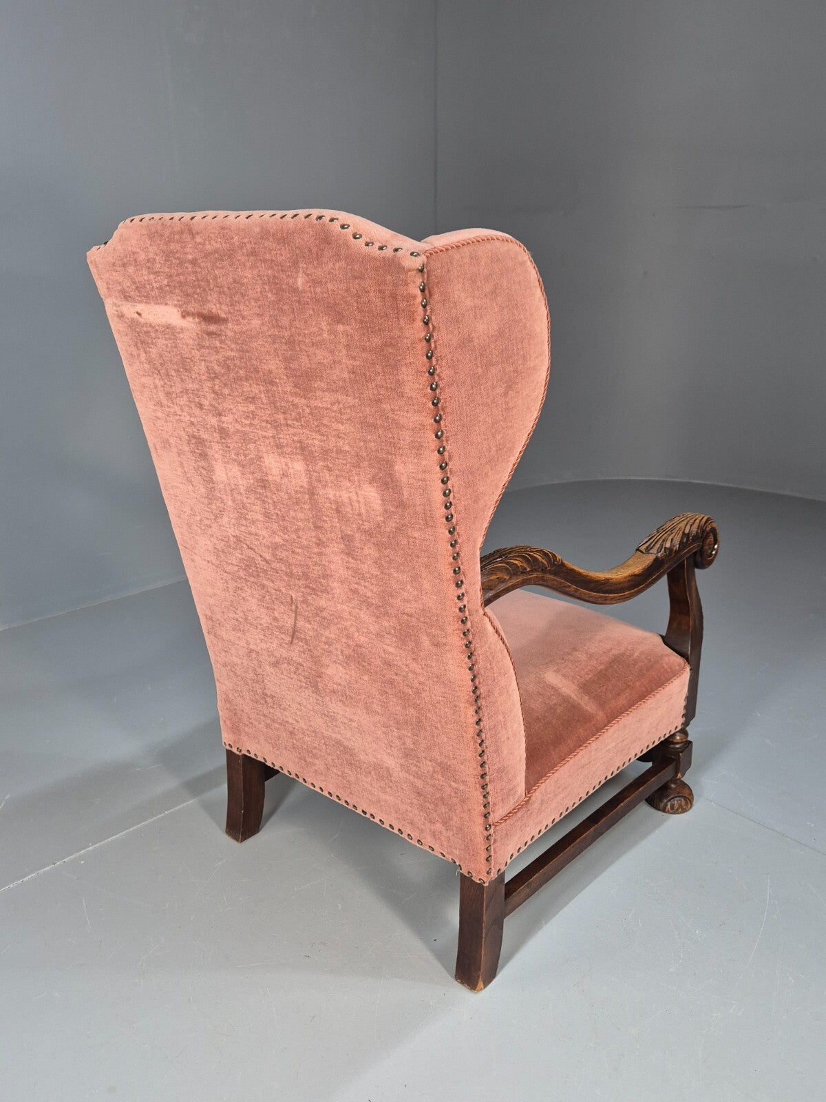 Vintage Danish Lounge Chair Pink Peach Velour Oak 17th Century Style EB8970 VCLO - UKDK FURNITURE