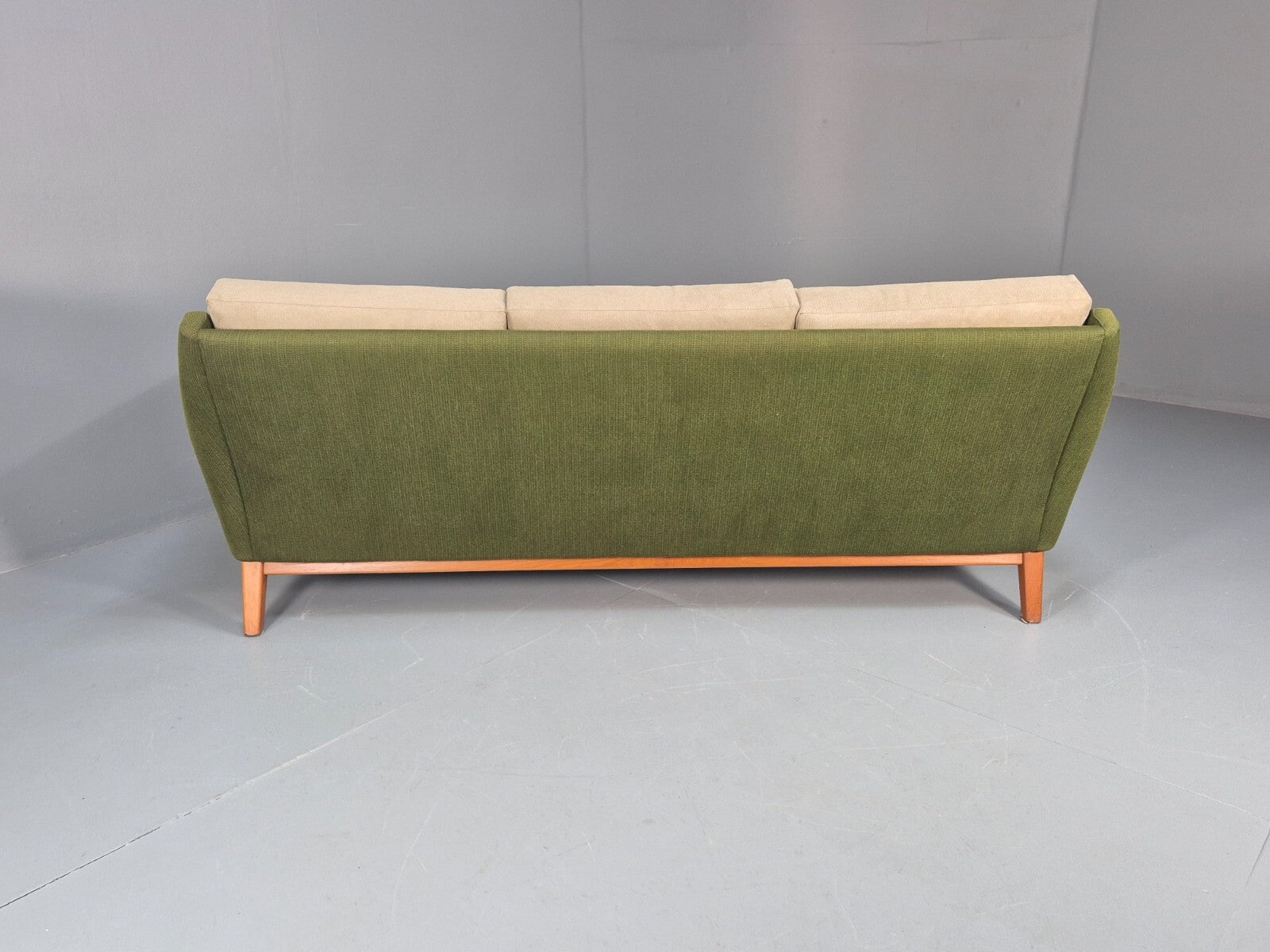 Mid Century 3 Seater Sofa Green Cream Fabric Teak Vintage Scandi EB9794 M3SS - UKDK FURNITURE