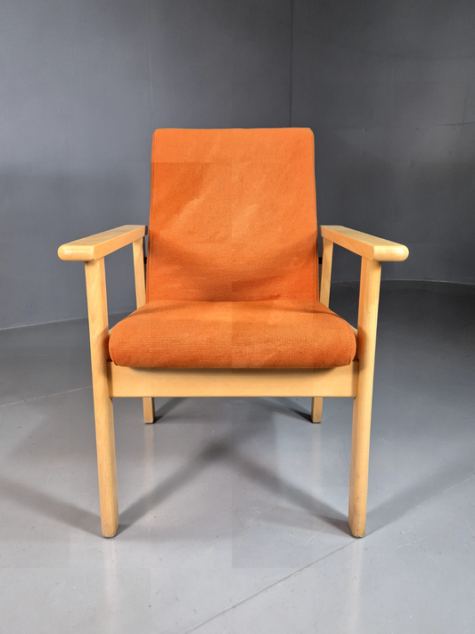 Vintage Danish Elbow Chair Orange Wool Beech Frame 1980s Retro EB7344 MNOR - UKDK FURNITURE
