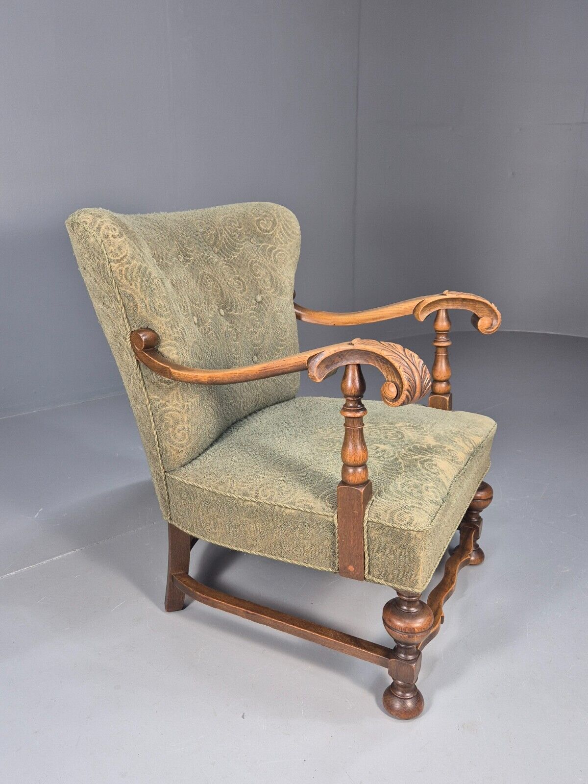 Vintage Danish Lounge Chair Green Moquette Carved Oak Frame 1940s EB8998 VCLO - UKDK FURNITURE