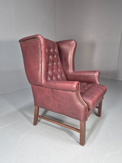 Georgian Style Wing Back Lounge Chair Red Leather Buttoned 1980s  EB10807 VLEA12