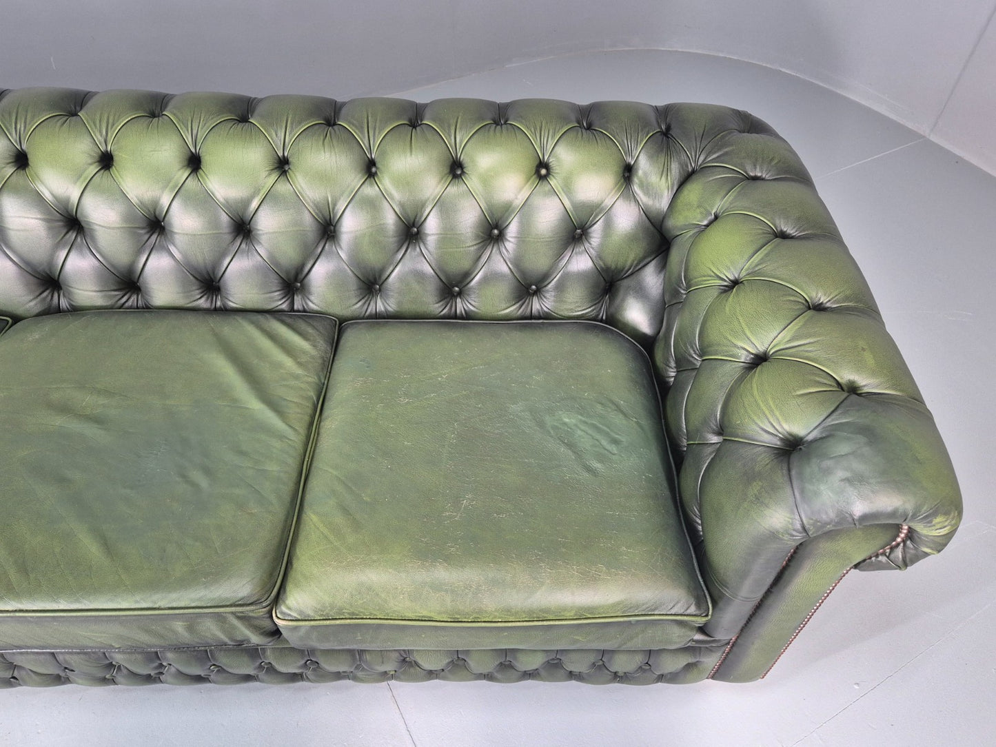 3 Seater Chesterfield Sofa Green Leather Studded Vintage EB11027 VCHE9