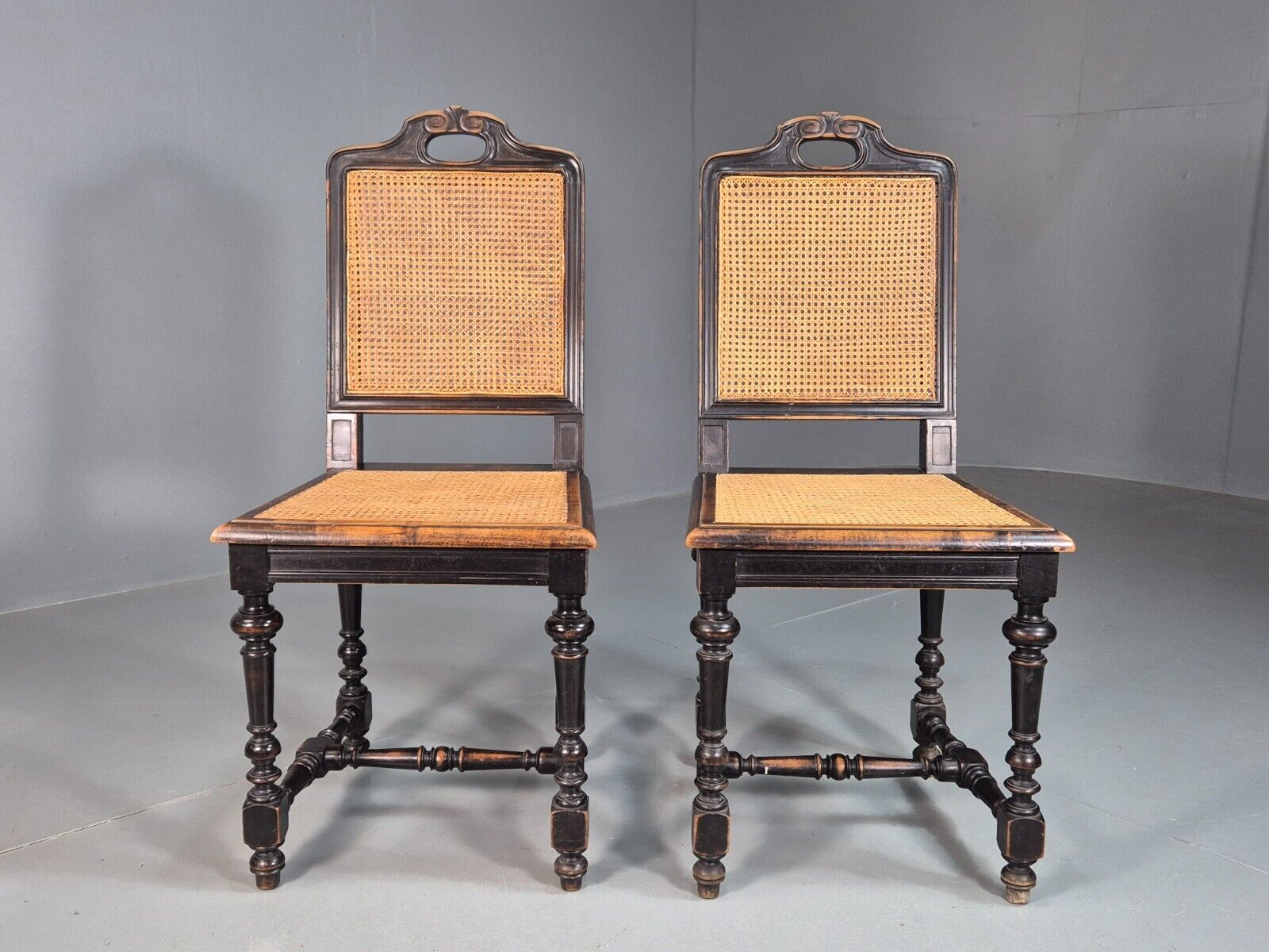 2 Vintage Dining Chairs Bergere Ebonised Aesthetic Movement Antique EB7975 VBER - UKDK FURNITURE