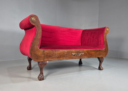 Vintage Antique Scroll End Settee Ball Claw Feet Red Velour 1900s EB7920 V2SS1