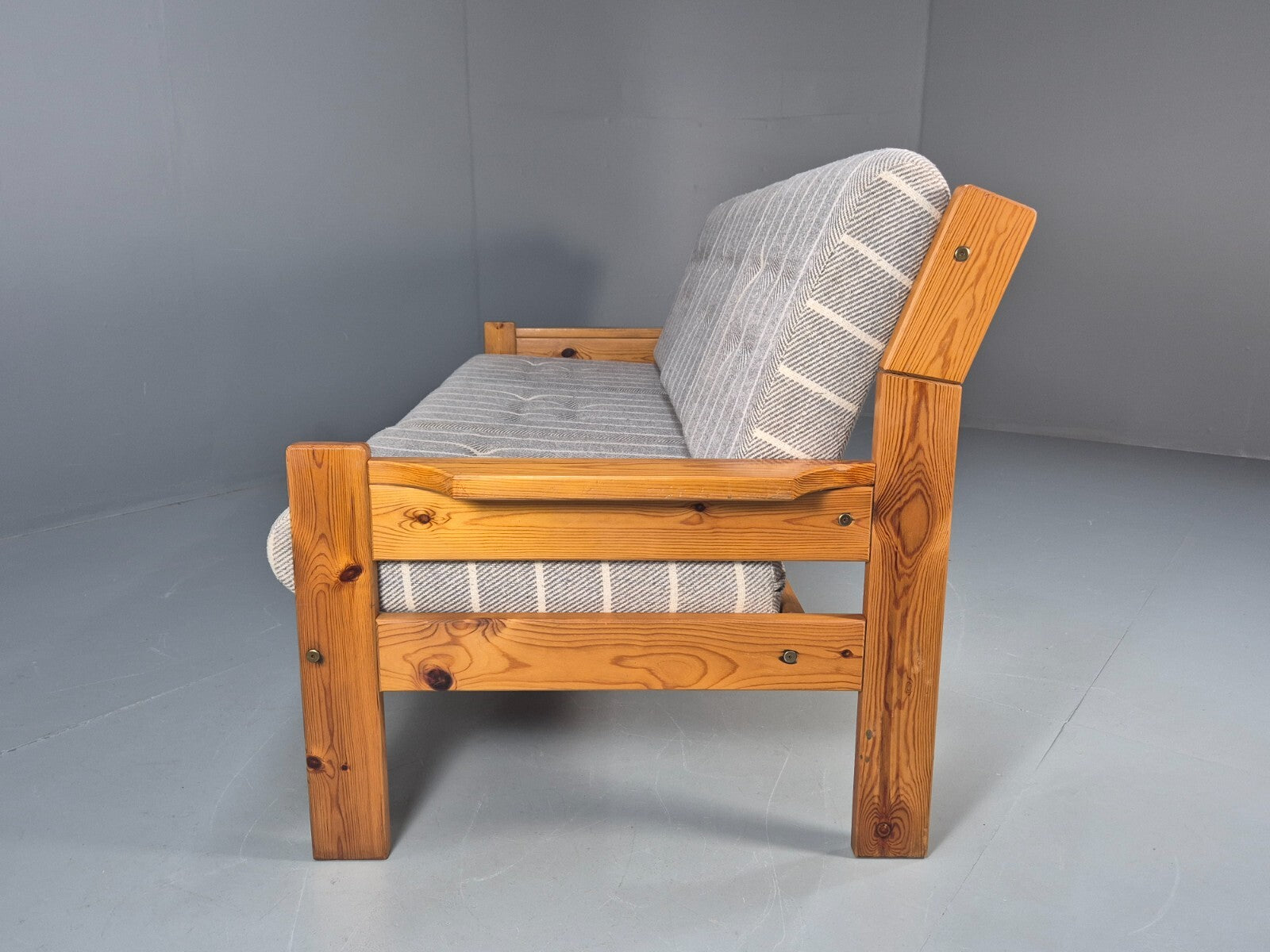 Vintage 3 Seater Pine Sofa Danish 1970s Retro Design Grey Striped EB9373 M3SS - UKDK FURNITURE