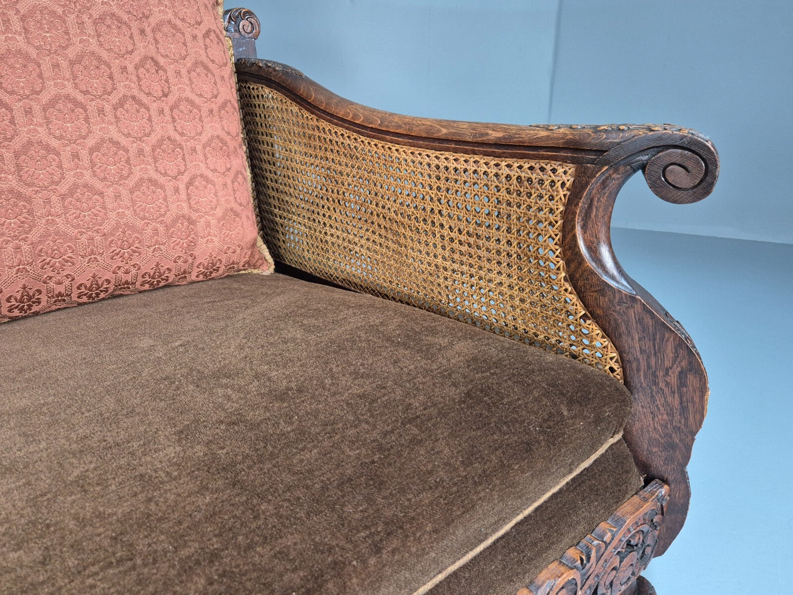 Vintage Danish 1920s Carved Oak Sofa Bergere Brown Velour Antique EB9544 V3SS - UKDK FURNITURE
