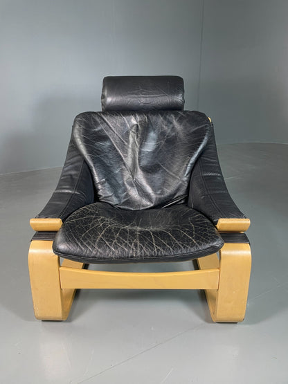Vintage Swedish Lounge Chair Black Leather Krokken Retro MCM EB6604 MBEN2