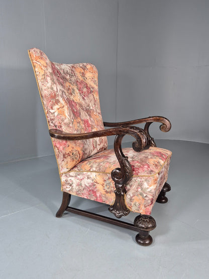 Vintage Carved Oak Chair Floral Fabric 1940s Traditional Curved EB10752 VCAR7
