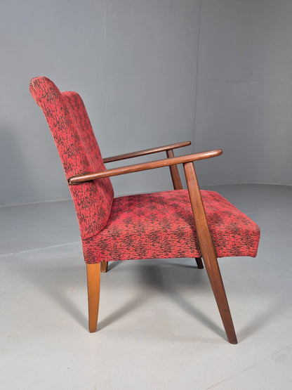 Mid Century Danish Armchair Teak Wood Red Pattern Fabric Vintage 60s EB9598 MNOR - UKDK FURNITURE