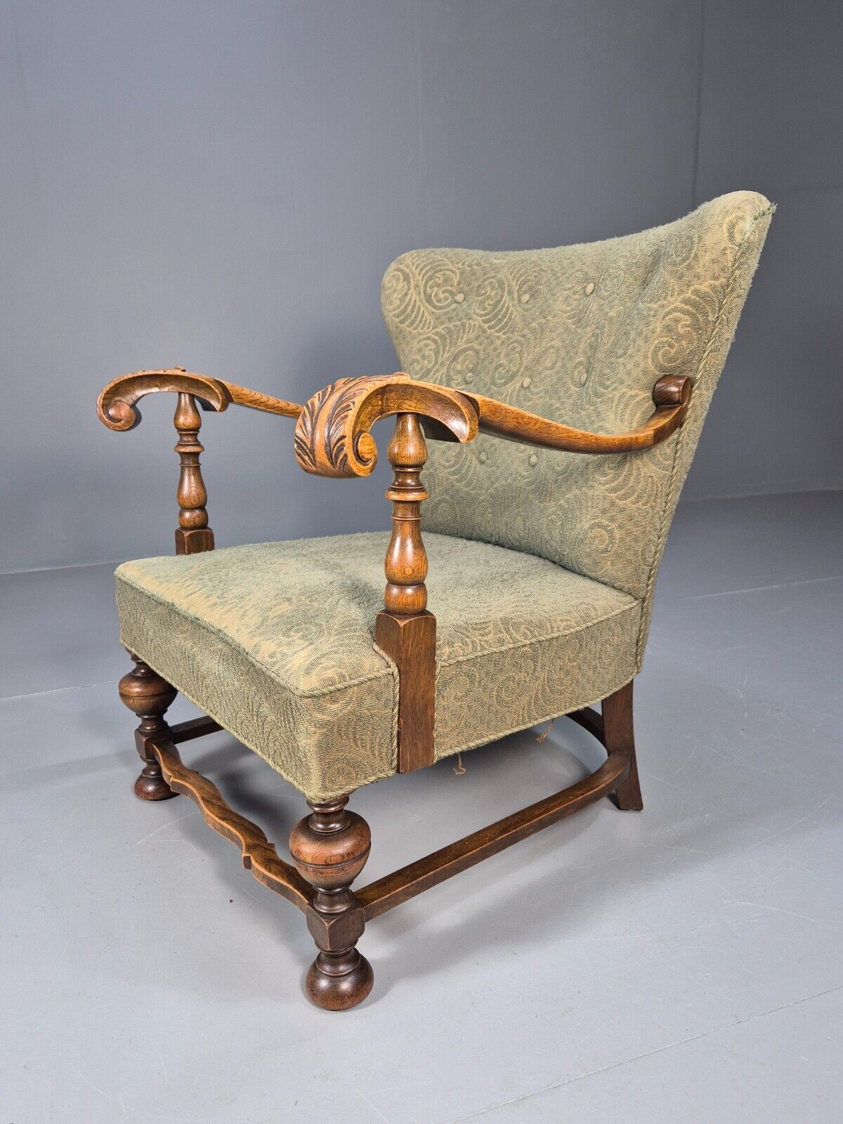 Vintage Danish Lounge Chair Green Moquette Carved Oak Frame 1940s EB8981 VCLO - UKDK FURNITURE